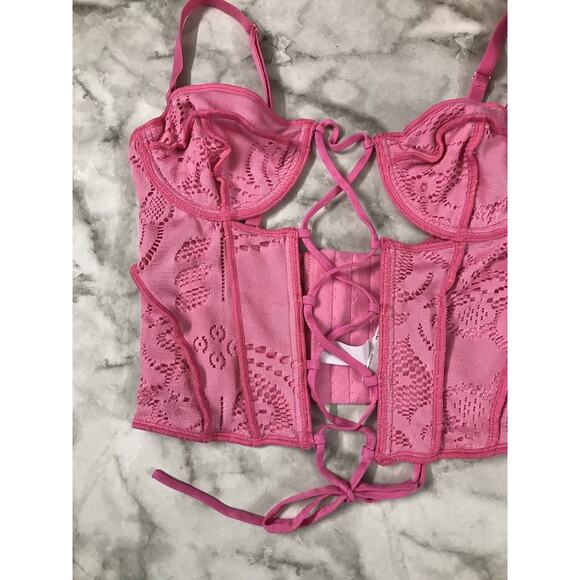 UO Out From Under PINK Amour Lace Lace-Up Adj Straps Corset Women's Size Sm/P - Picture 3 of 7